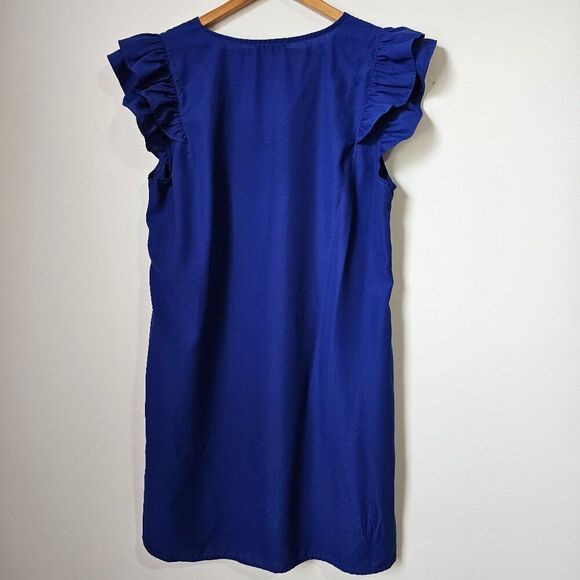 EUC STACCATO ELECTRIC BLUE V NECK FLUTTER SLEEVES SHORT DRESS SZ LARGE - Picture 2 of 15